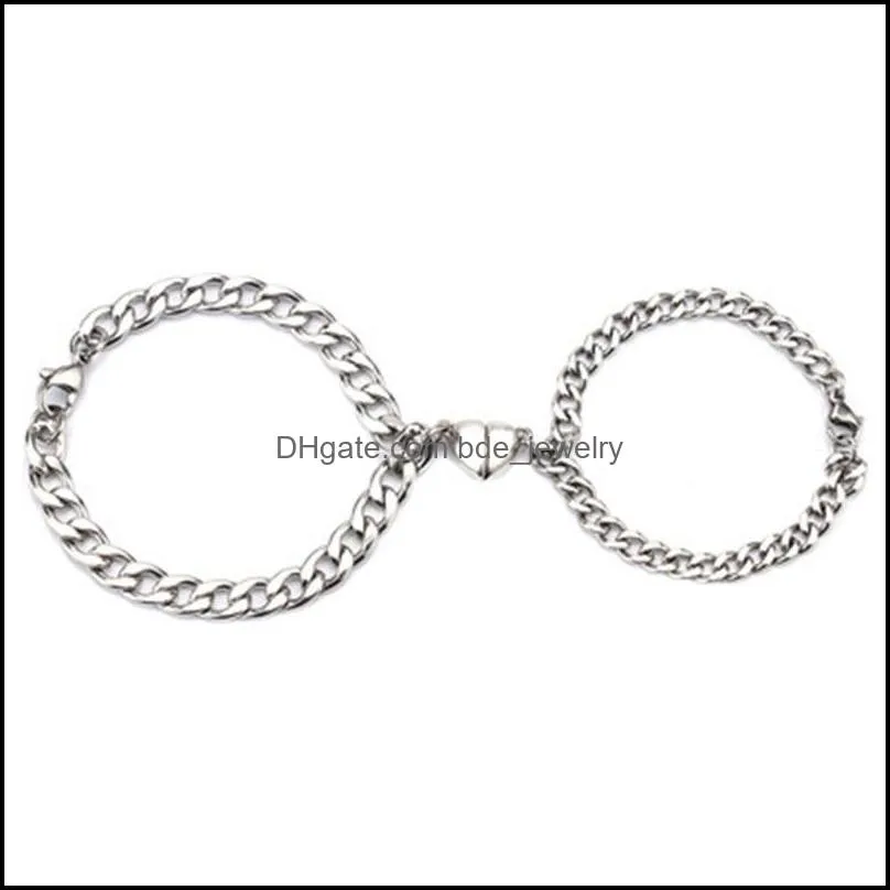 2pcs/pair stainless steel cuba chain bracelets couple bracelets magnetism heart charms fashion jewelry gift for women men 2021 wholesale