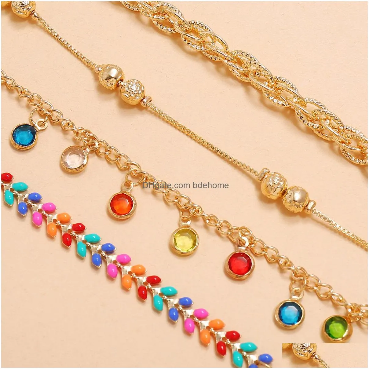 bohemian fashion jewelry 4pcs/set anklet set leaves beaded rhinstone exotic handmade beads chain anklet set