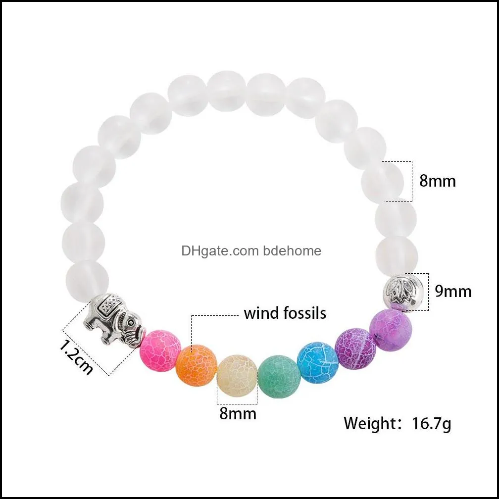 men women elephant charms 7 chakra bracelet clear white agate colorful wind fossils bead bracelet jewelry