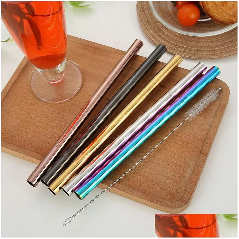 4pcs/set stainless steel drinking straws metal bubble smoothie straws with cleaner brush and black pouch