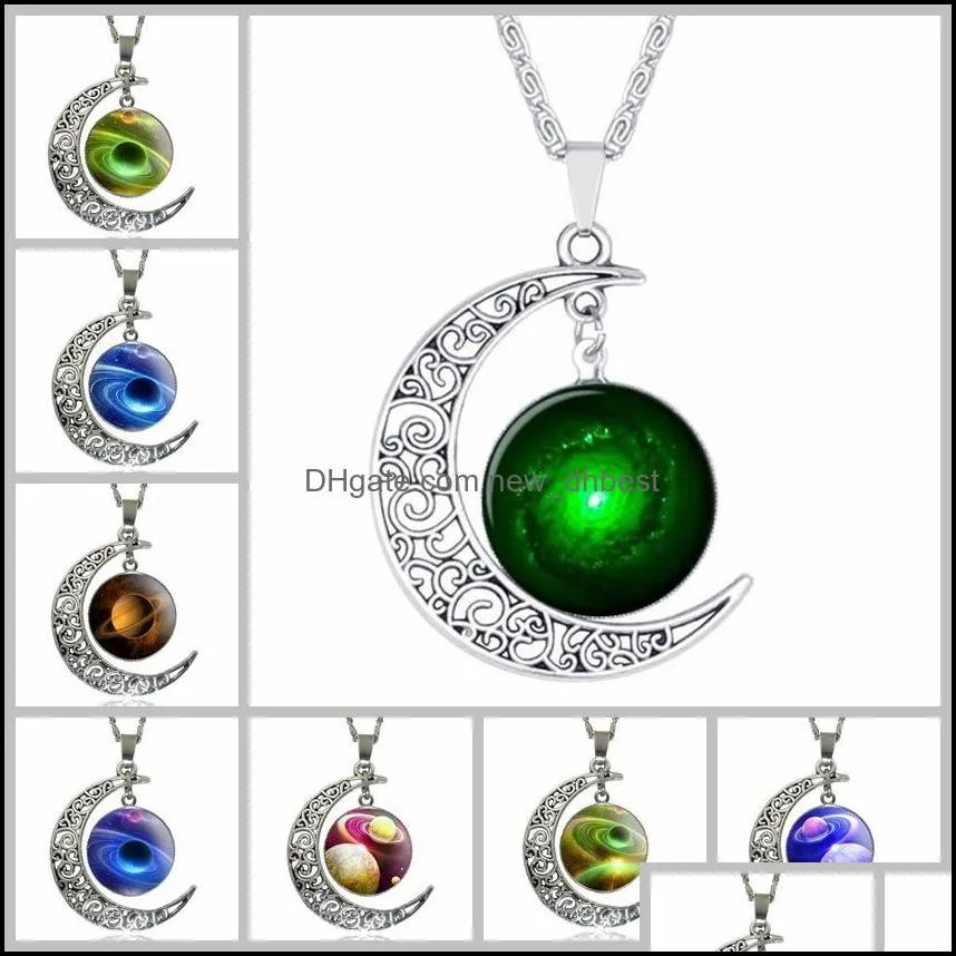 64 styles silver moonstone necklace owl flower tree of life cabochon glass charms moon and star pendant necklaces for women fashion