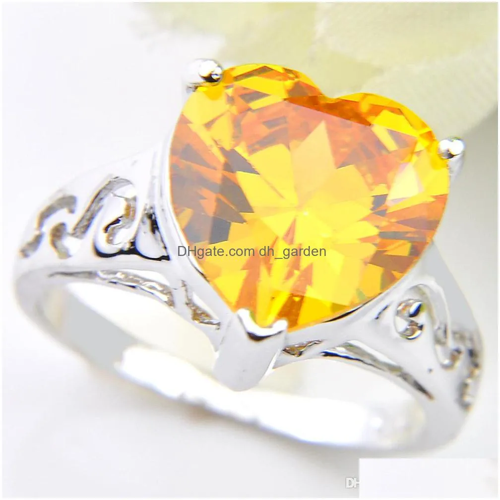 5pcs lot wholesale solitaire engagement jewelry heart yellow citrine gems gems 925 sterling silver plated for women rings us size 7 8