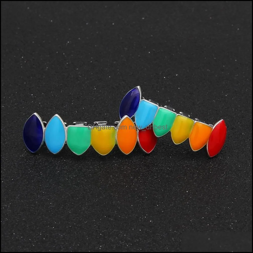 hip hop rainbow teeth grillz top bottom fale grills dental gold silver tooth caps for women men halloween body jewerly with box