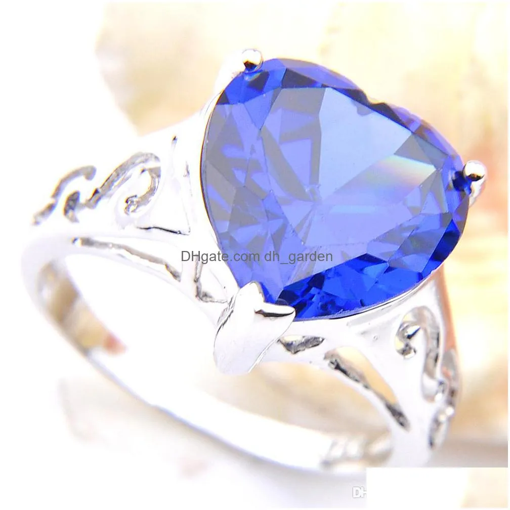 5pcs/lot blue topaz gemstone love heart cut 925 sterling silver plated ring wedding cz jewelry gift rings lady