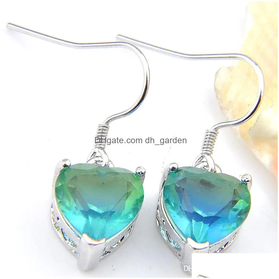 women 2 pcs set heart cut bi colored tourmaline gems 925 sterling silver plated crystal zircon solid bride dangle earring pendants