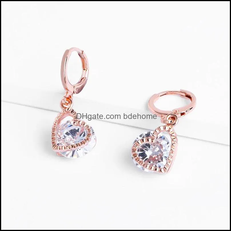 shiny cubic zirconia heart earrings rose gold 5 colors hollow design small dangle drop earrings for women girls romantic jewelry