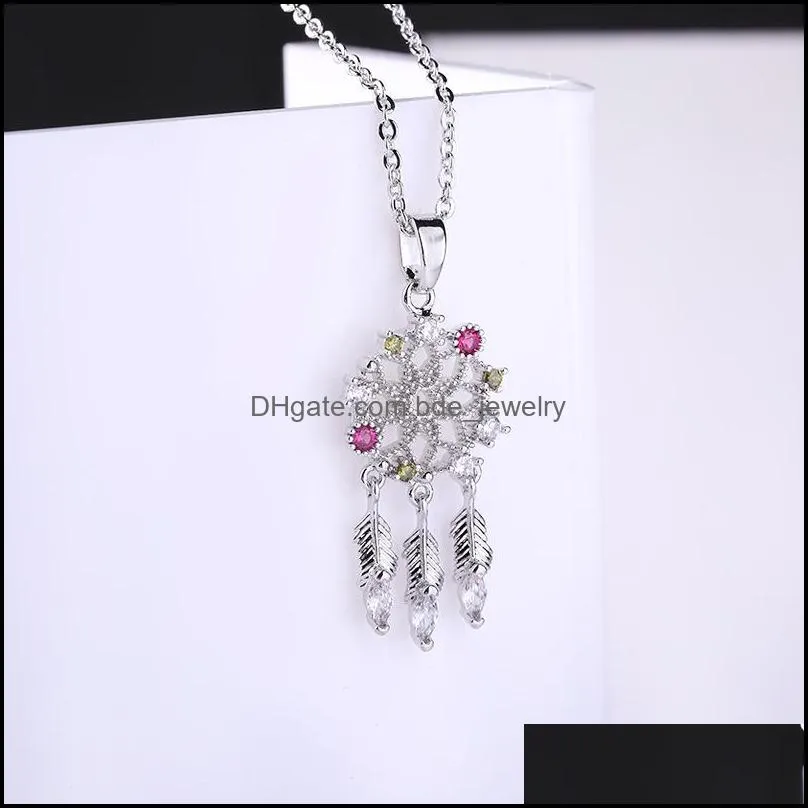 fashion dream catcher pendant necklace for women lady high quality colorful zircon feather charm necklace jewelry 2019