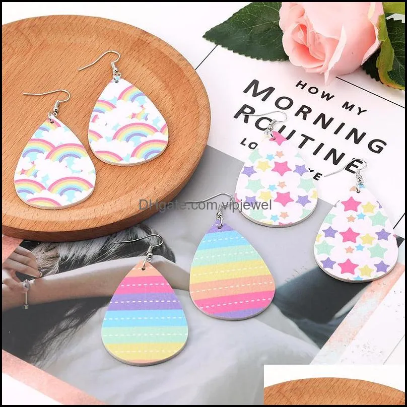 korea style rainbow color heart star printing leather earrings for women dangle drop earrings waterdrop faux leather ear party jewelry