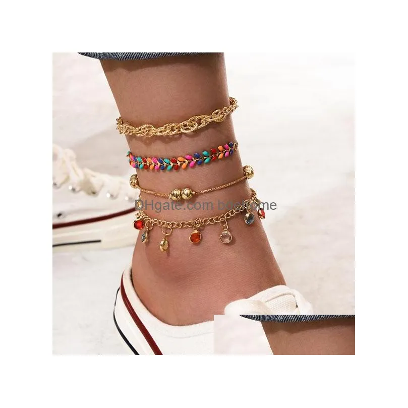 bohemian fashion jewelry 4pcs/set anklet set leaves beaded rhinstone exotic handmade beads chain anklet set