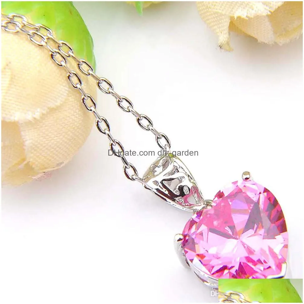 luckyshine fashion womens pendant jewelry love heart pink crystal zircon necklace pendant jewelry 925 silver plated pendant jewelry