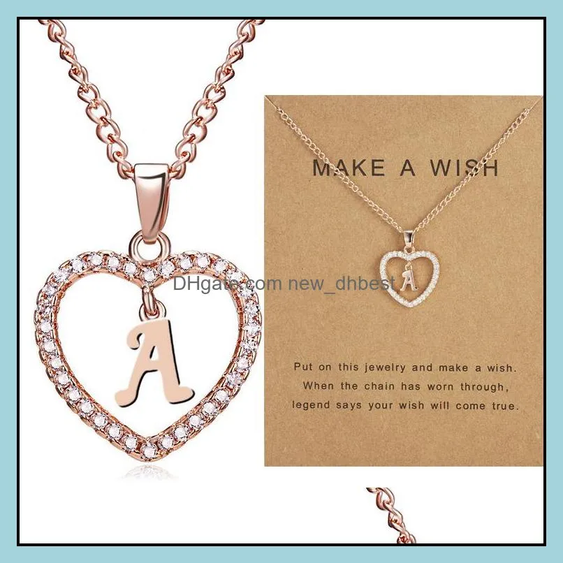 26 initial letter necklaces with make a wish card crystal rhinestone heart shape alphabet pendant chain for women fashion jewelry gift