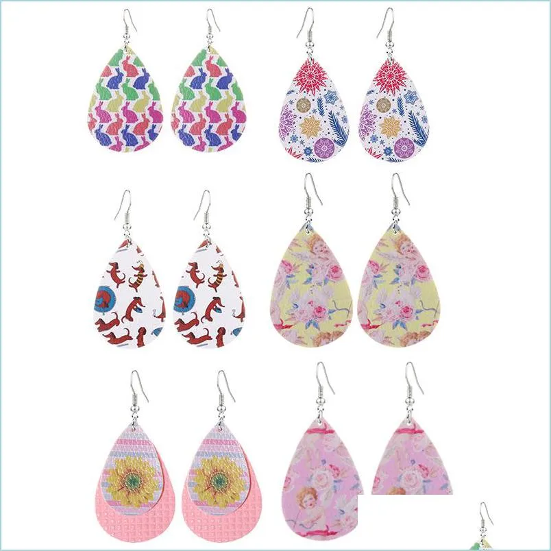 fashion bohomian pu leather earrings for women sunflower cute rabbit marble snowflake printed waterdrop dangle earrings party jewelry