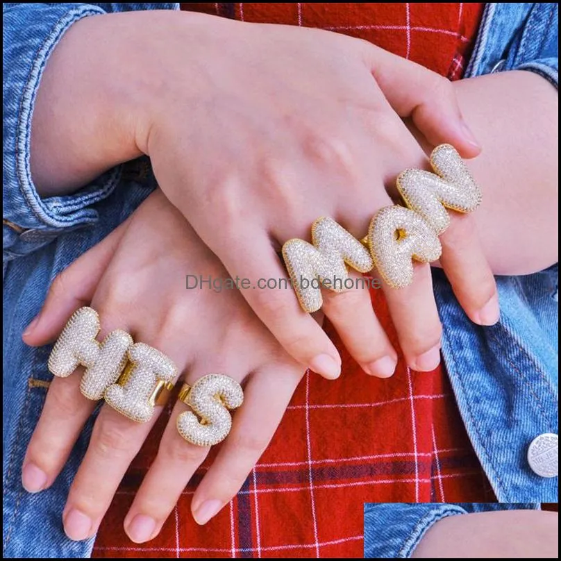 gold iced out diamond bubble english letter ring mens and womens open cuff diy letter name rings rapper jewelry gifts for lovers 3570