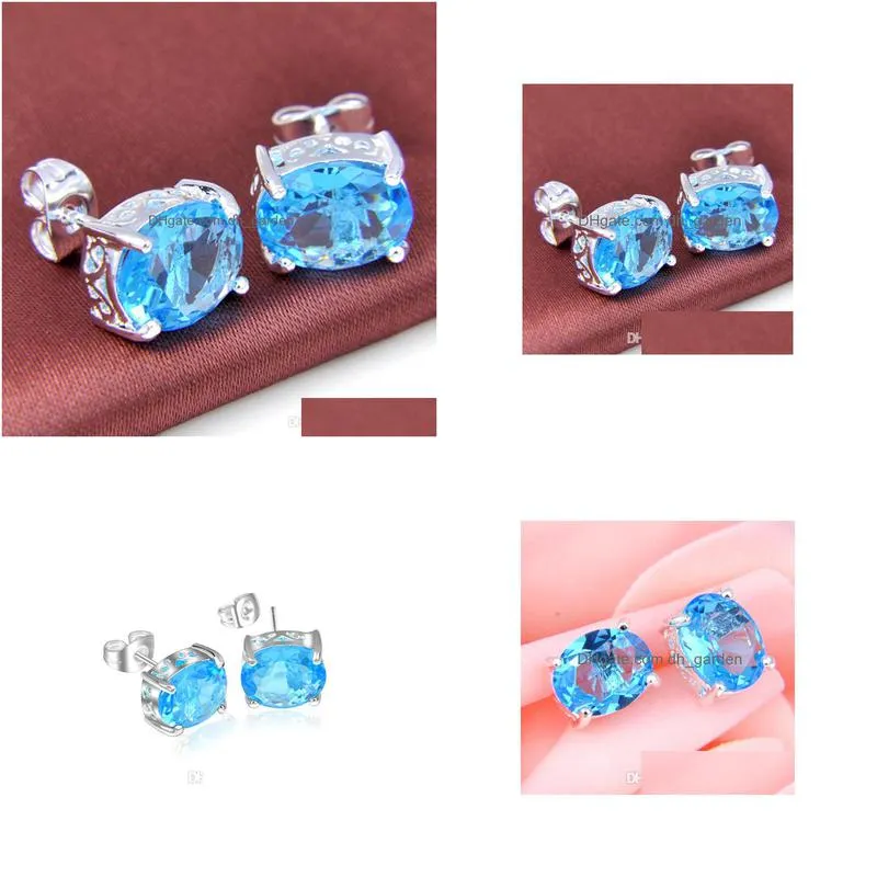 luckyshine est oval sky blue topaz 925 sterling silver plated stud earrings for women 7x8 mm 