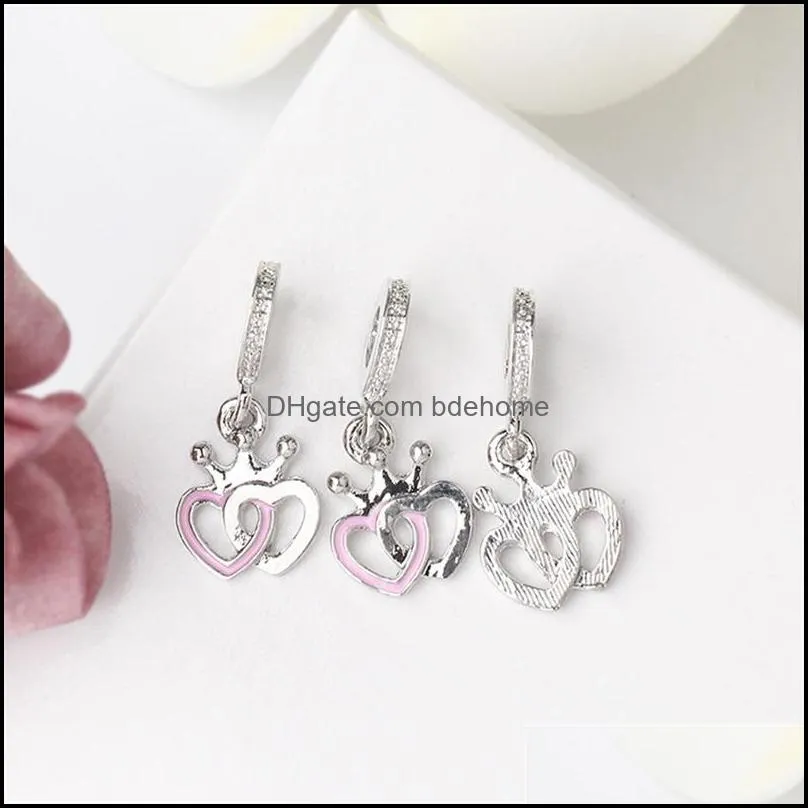 charm bracelet pink enamel double heart dangle silver enamel pendant loose beads dangle diy jewelry 2198 t2