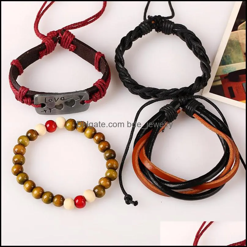 4pcs/set retro leather bracelets for women and men an arrow through a heart beads multilayer bracelets set charm couple jewelry