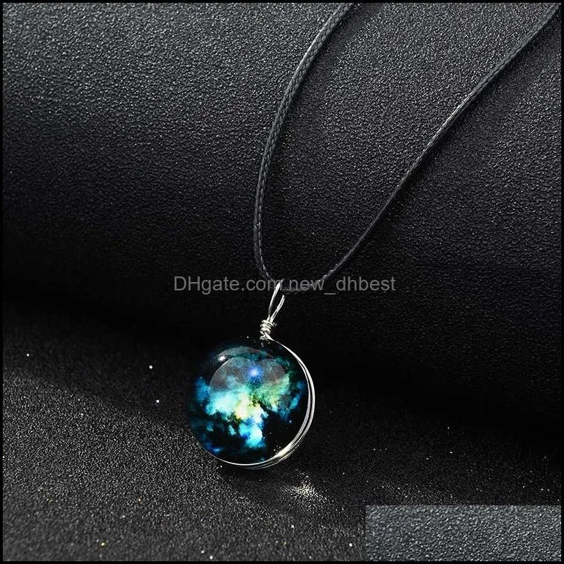  glow in the dark galaxy universe necklaces luminous glass cabochon star moon pendant black wax rope chain for women men fashion