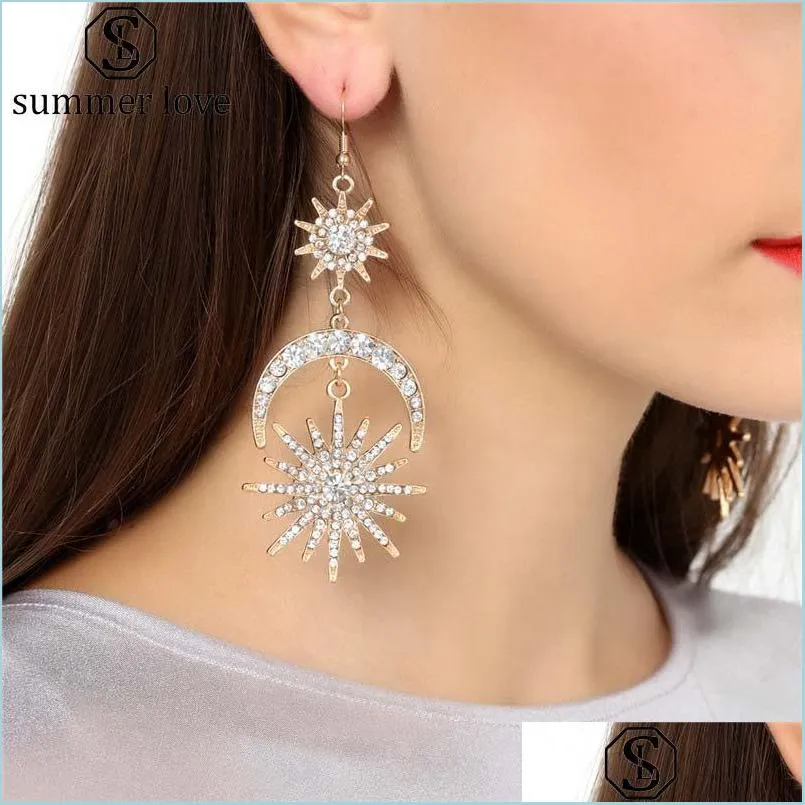  arrival sun moon star long dangle earring for women vintage exaggeration style crystal drop earring fashion jewelry gift