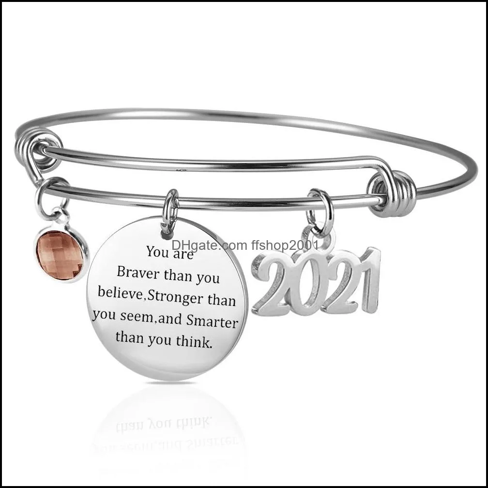 vintage inspirational graduation cuff bracelet crystal engraved letter stainless steel silver bangle for women q607fz