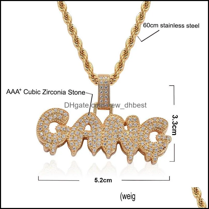 mens iced out gang necklaces bling cz bubble letter pendant gold silver twisted rope chain for women hip hop jewelry gift