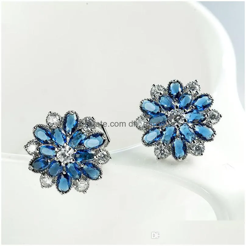 luckyshine trendy women ear clip colorful cubic zirconia cz flower 4 color 925 sterling silver plated earrings 3 pair/lot 