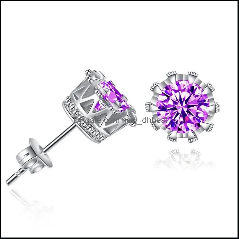 korean women cz crown stud earrings luxury silver gold clear purple blue cubic zirconia diamond ear rings for girl fashion jewelry