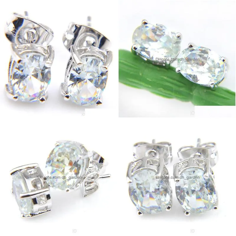 luckyshine 6x8mm oval white topaz gems 925 sterling silver plated stud earrings woman wedding jewelry stud earrings 