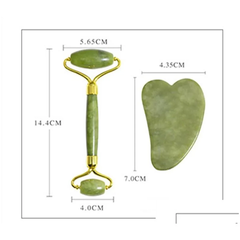 wholesale natural jade roller thin face massager lifting tools slim facial gua sha green stone antiaging wrinkle skin beauty care set