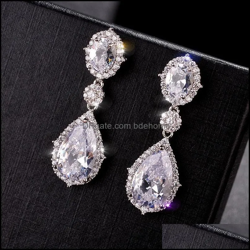 classic big water drop designer earrings with cubic zirconia silver color wedding bridal long dangle earrings jewelry for brides girls