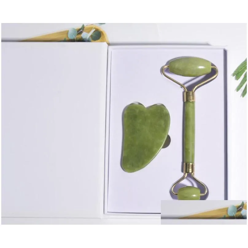 wholesale natural jade roller thin face massager lifting tools slim facial gua sha green stone antiaging wrinkle skin beauty care set