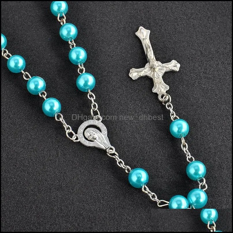 luxury faux pearl long necklaces multicolor fake pearl beads chain christian cross pendant necklace for women ladies fashion jewelry