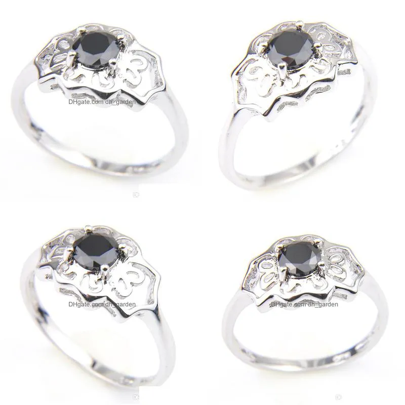 fashion exquisite ring black onyx gems flower shape silver crystal zircon wedding engagemeta ring jewelry for womens 10 pcs 