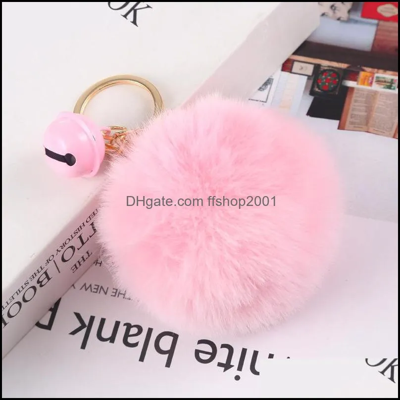 creative bell pompom key rings for lady fluffy plush keychains faux rabbit fur ball keyfobs holder fashion accessories p153fa