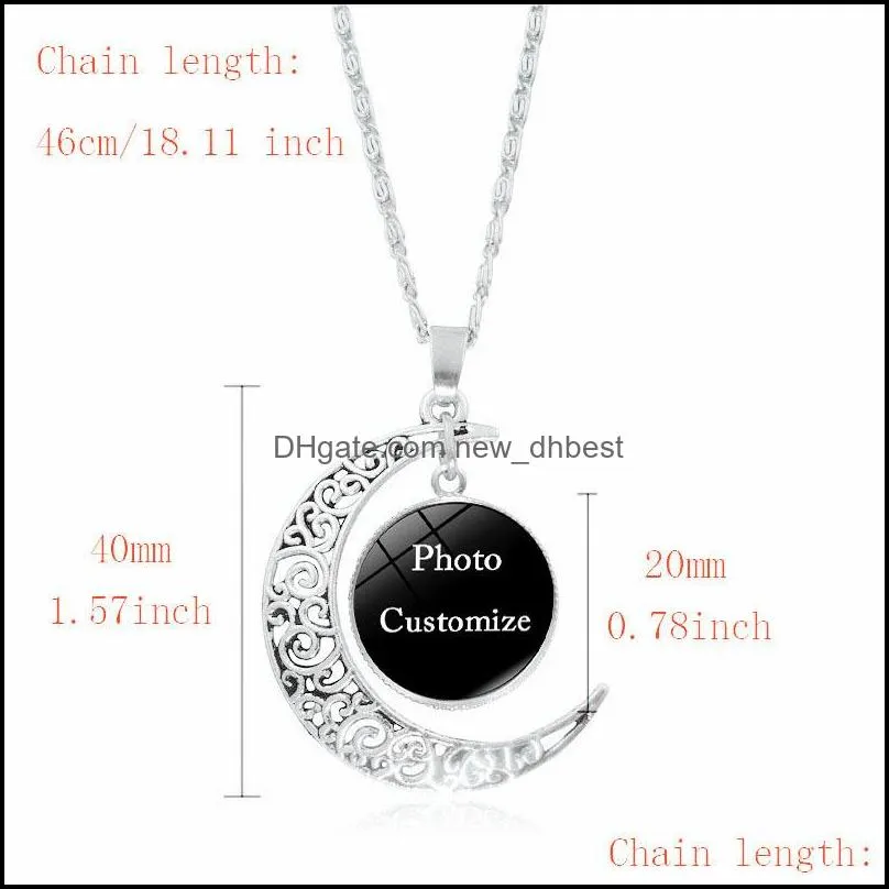 custom made p o pendant moon necklace for women men personalized glass cabochon picture charm chains fashion jewelry gift