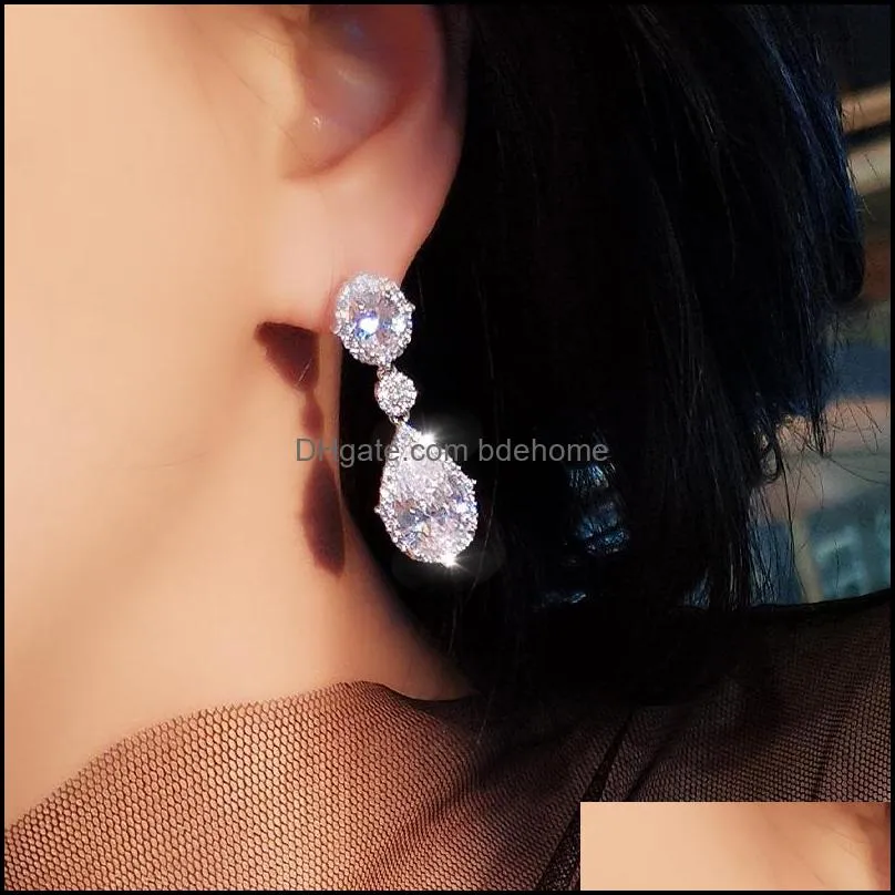 classic big water drop designer earrings with cubic zirconia silver color wedding bridal long dangle earrings jewelry for brides girls