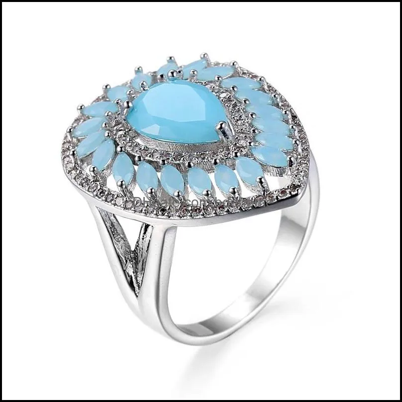 wedding rings luxury women silver color with austrian cubic zirconia unique water drop blue stone fingers 3510 q2