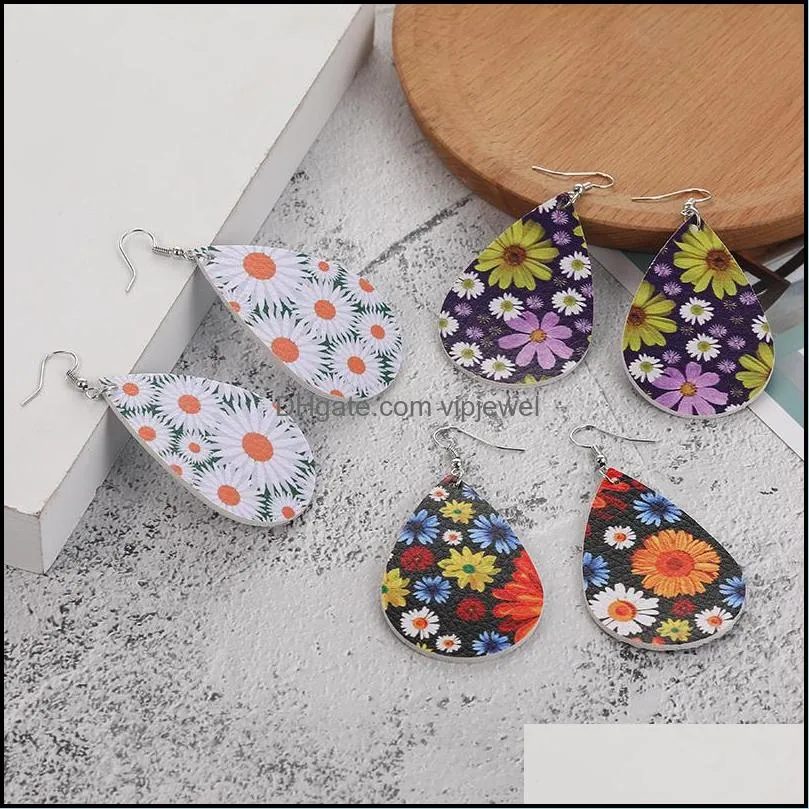 women pu leather earrings sunflower daisy print pattern bohemian faux leather dangle earring for girl fashion hook party jewelry gifts