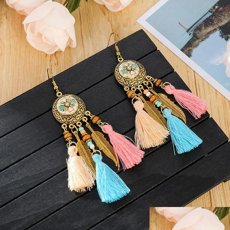 bohemian fashion jewelry vintage tassels earrings colorful flower metal feather dangle earrings