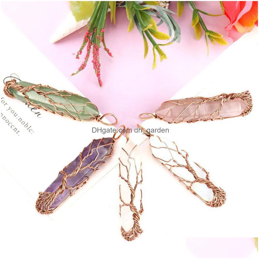 healing crystal natural stone hexagon pillar charms necklaces twine copper tree of life wire wrap pendant amethyst tiger eye rose quartz wholesale jewelry