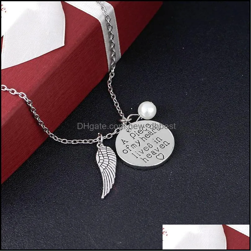 a piece of my heart lives in heaven personalized handwriting necklace vintage silver memory angel wing remembrance necklaces for women