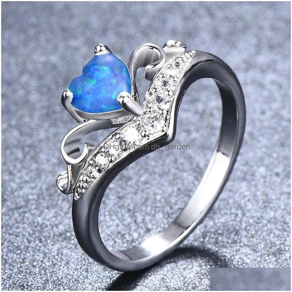 10 pcs lot 925 sterling silver rings crown heart blue white opal gems for women weddings party american australia ring jewelry