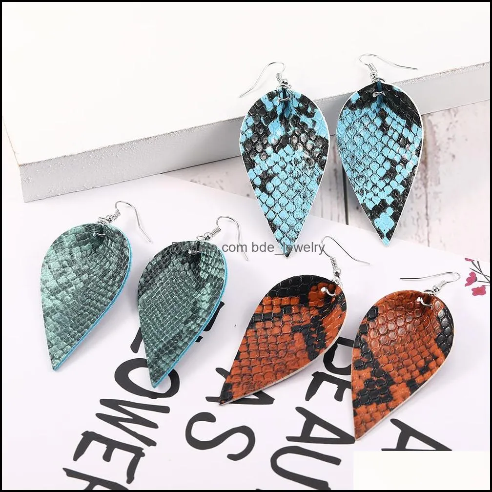 fashion pu leaf leather dangle earrings for women snake skin pattern multi colors leather bohemia double side hook earrings jewelry