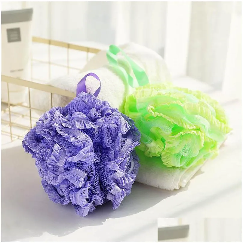 high quality lace mesh pouf sponge bathing spa handle body shower scrubber ball colorful bath brushes sponges