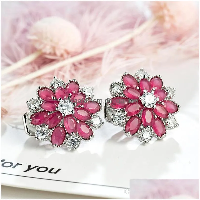 luckyshine trendy women ear clip colorful cubic zirconia cz flower 4 color 925 sterling silver plated earrings 3 pair/lot 