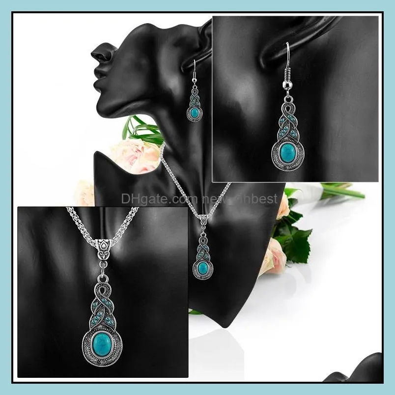 vintage turquoise pendant necklace dangle drop earrings set for women retro natural stone 2019 fashion jewelry in bulk