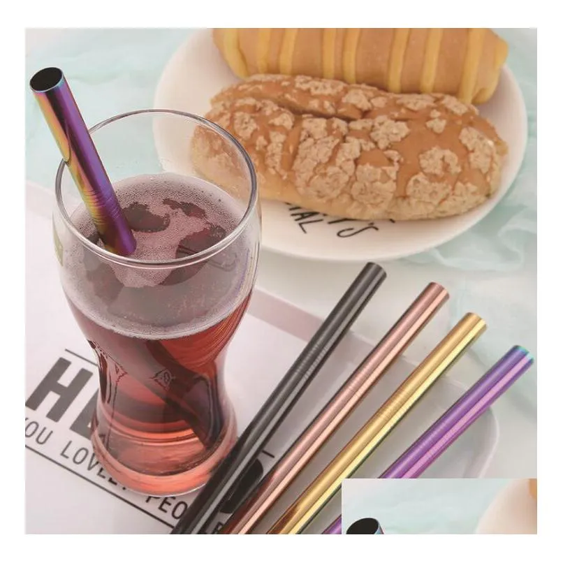 4pcs/set stainless steel drinking straws metal bubble smoothie straws with cleaner brush and black pouch