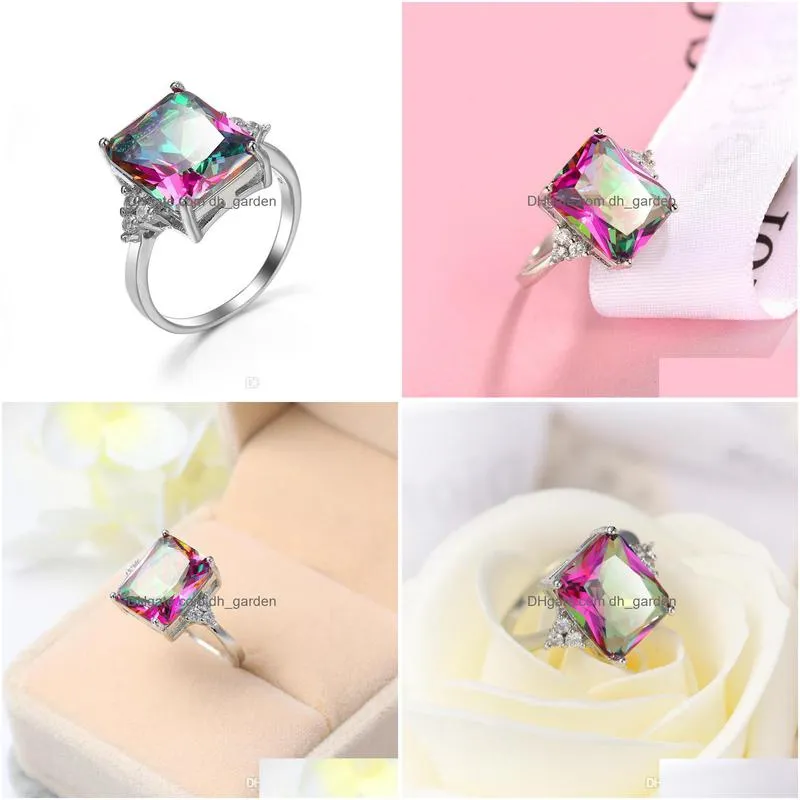 10 pcs 1 lot luckyshine mother gift square natural rainbow mystic topaz silver rings women wedding holiday gift 