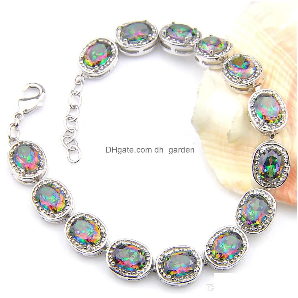 high quality oval shaped cut natural mystic rainbow topaz gemstone silver wedding bangle bracelets for women lovers bracelets