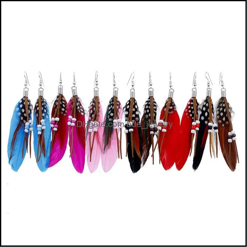 bohemian silver color feather earrings beads for women party catwalk hanging earrings boucles colorful feathers 2017