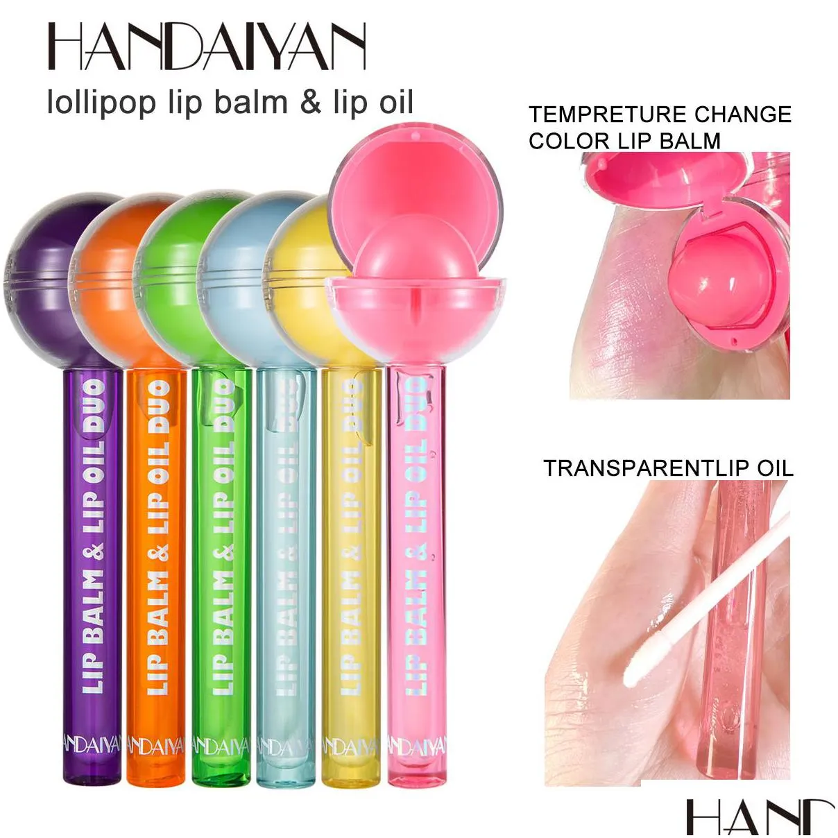 handaiyan lollipop fun round lip balm container lips oil care duo clear gloss moisturizer color change temperature makeup lipgloss kit
